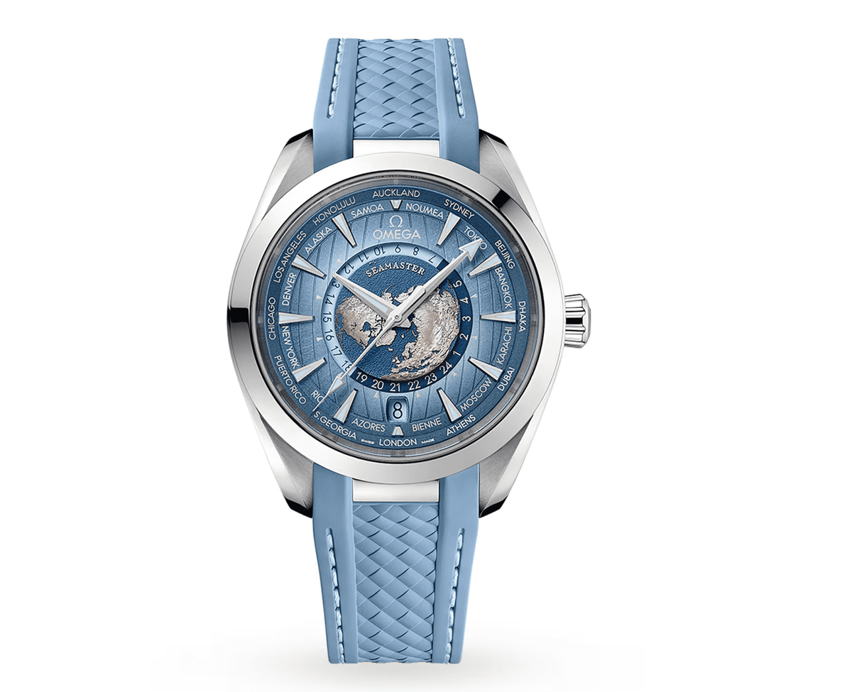 Pre-Owned Omega Seamaster Aqua Terra 150M Coâ€‘Axial Master Chronometer GMT Worldtimer 43mm â€“ Summer Blue