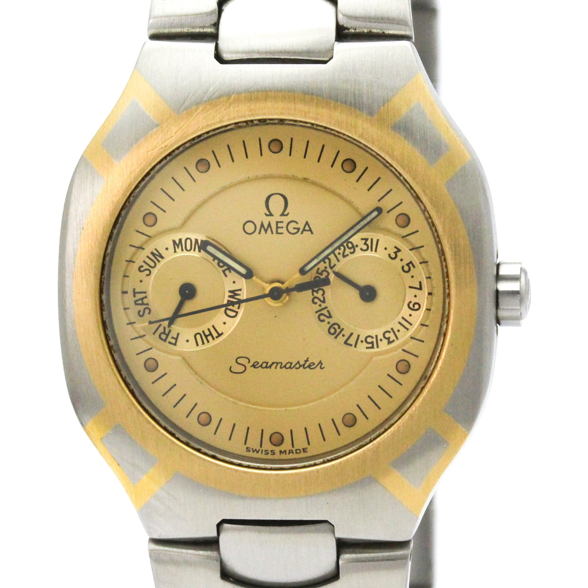 Pre-Owned OMEGA Seamaster Polaris Day Date 18K Gold Steel Watch 396.1022 Polished