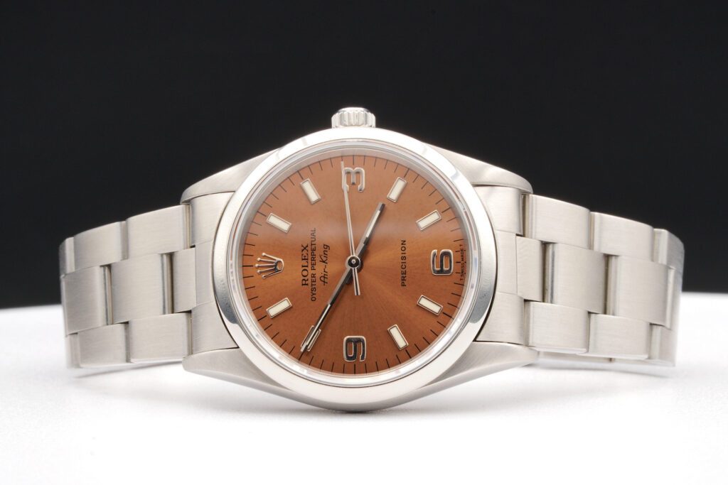 Pre-Owned Mens Rolex Stainless Steel Air-King Watch Salmon Arabic Dial 14000