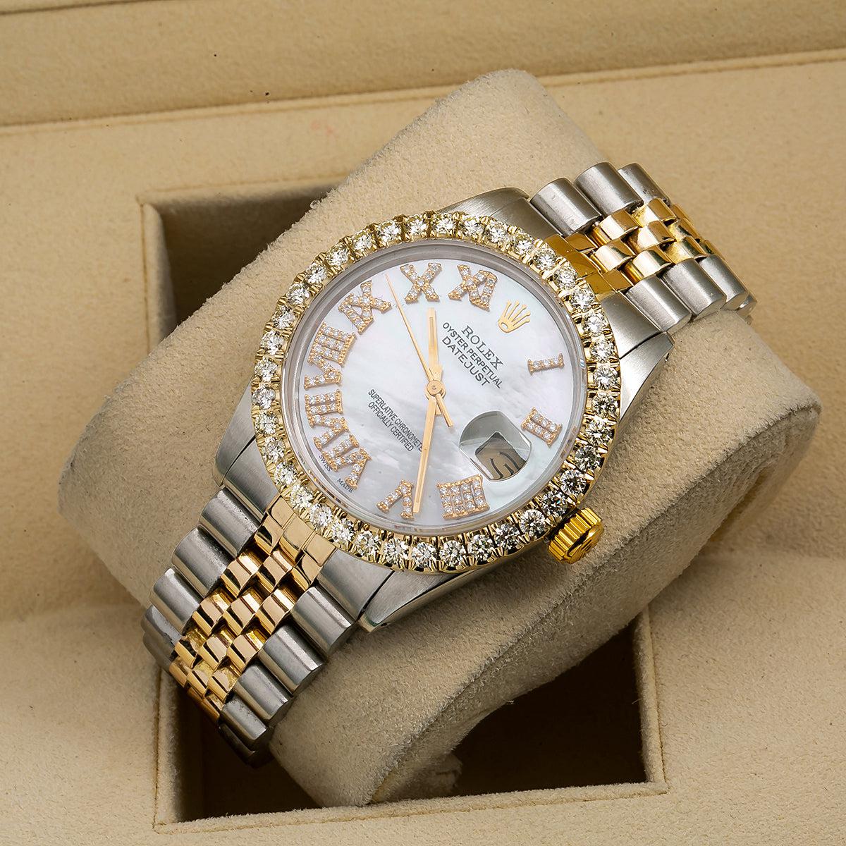 Pre-Owned Rolex Datejust 36MM 16013 Mother of Pearl Roman Diamond Dial Diamond Bezel Two Tone Yellow Gold Jubilee Bracelet 3.75ct