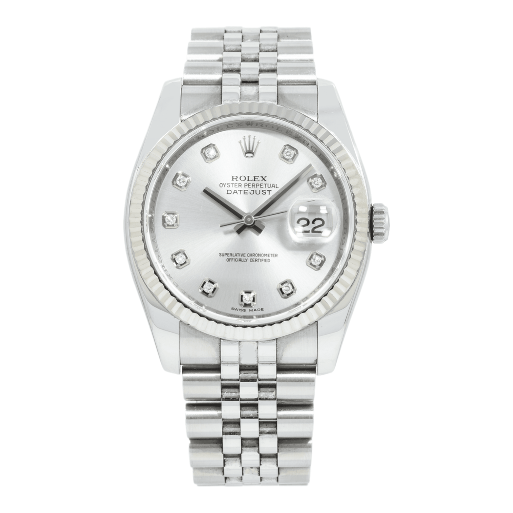 Pre-Owned Rolex Datejust 36MM 116234 Silver Diamond Dial Fluted Bezel Stainless Steel Jubilee Bracelet