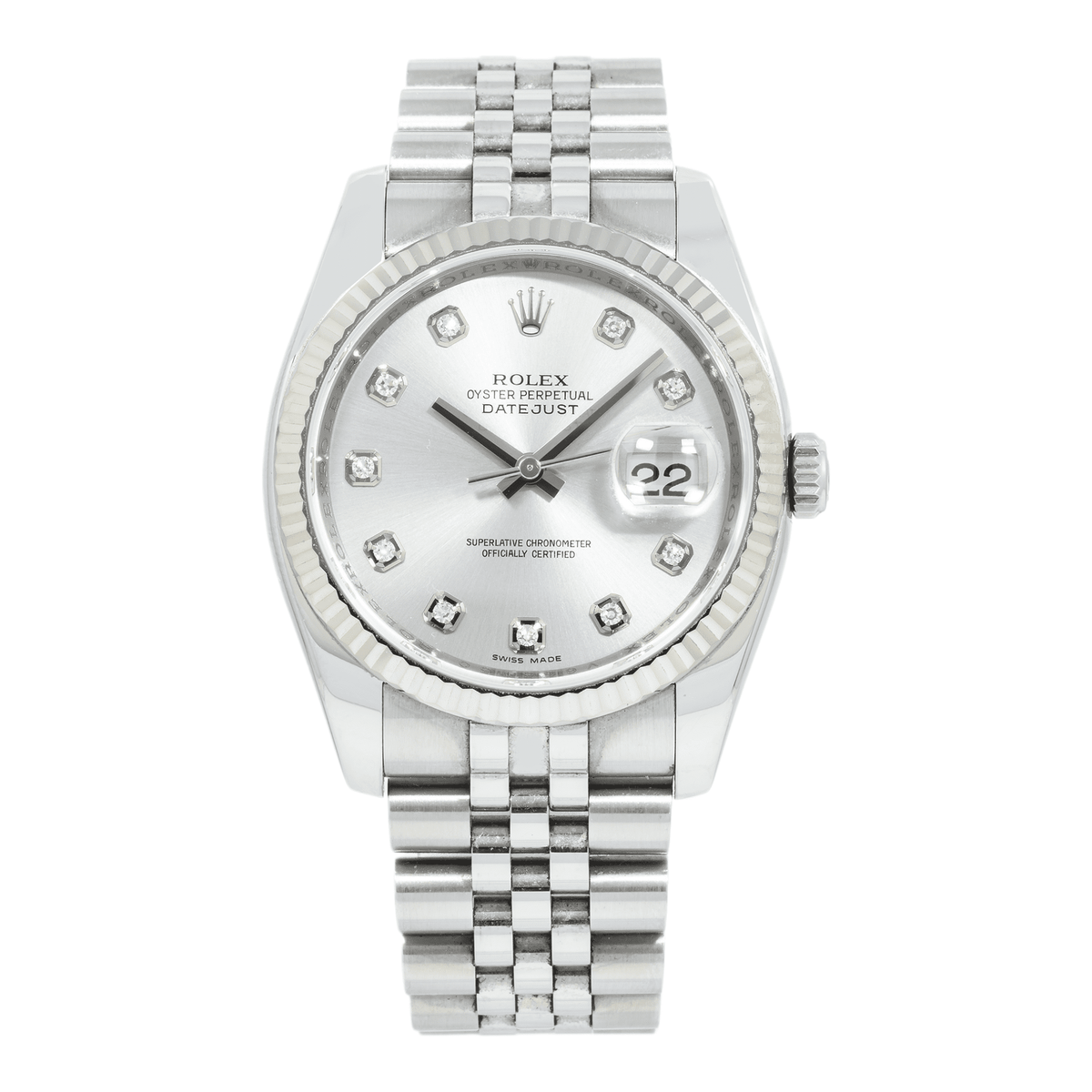 Pre-Owned Rolex Datejust 36MM 116234 Silver Diamond Dial Fluted Bezel Stainless Steel Jubilee Bracelet