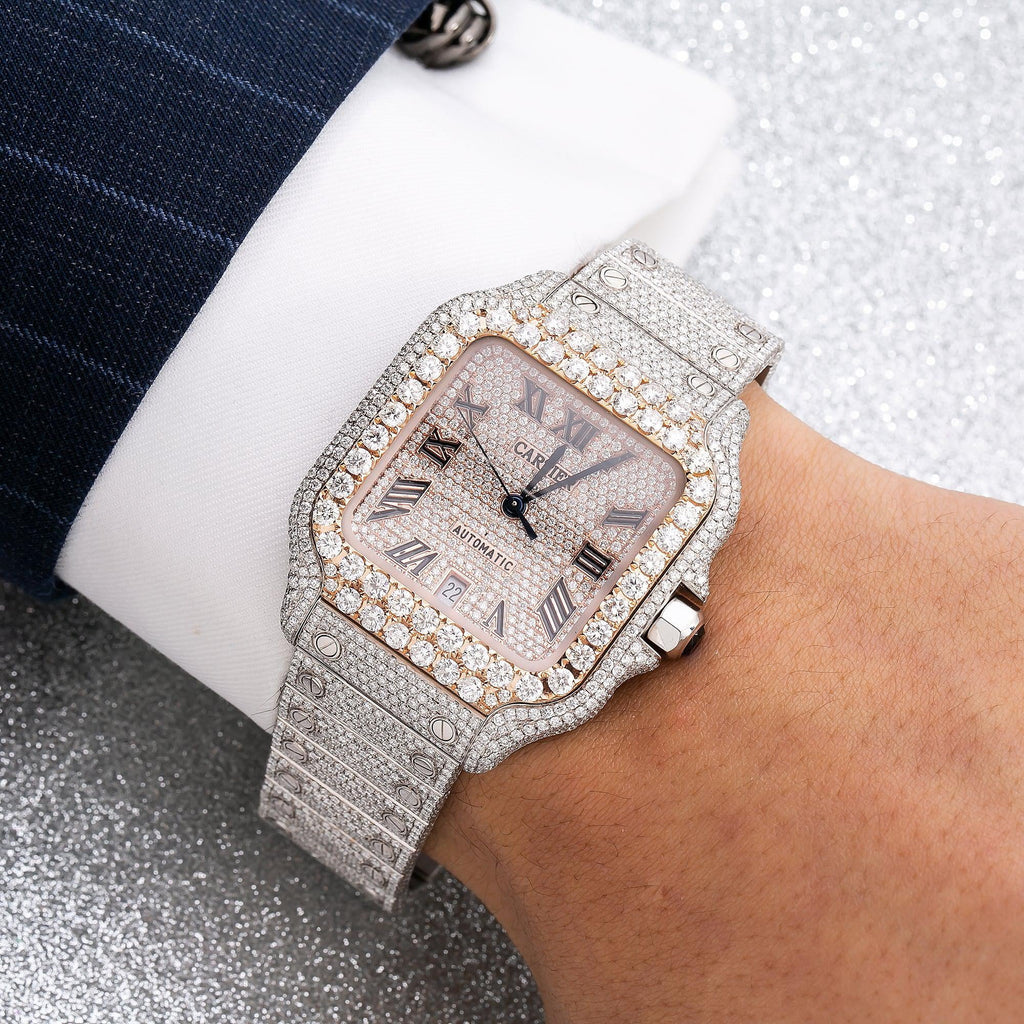 Pre-Owned Cartier Santos 39.8MM WSSA0018 Diamond Paved Rose Gold Roman Dial Rose Gold Diamond Bezel Stainless Steel Full Diamond Bracelet