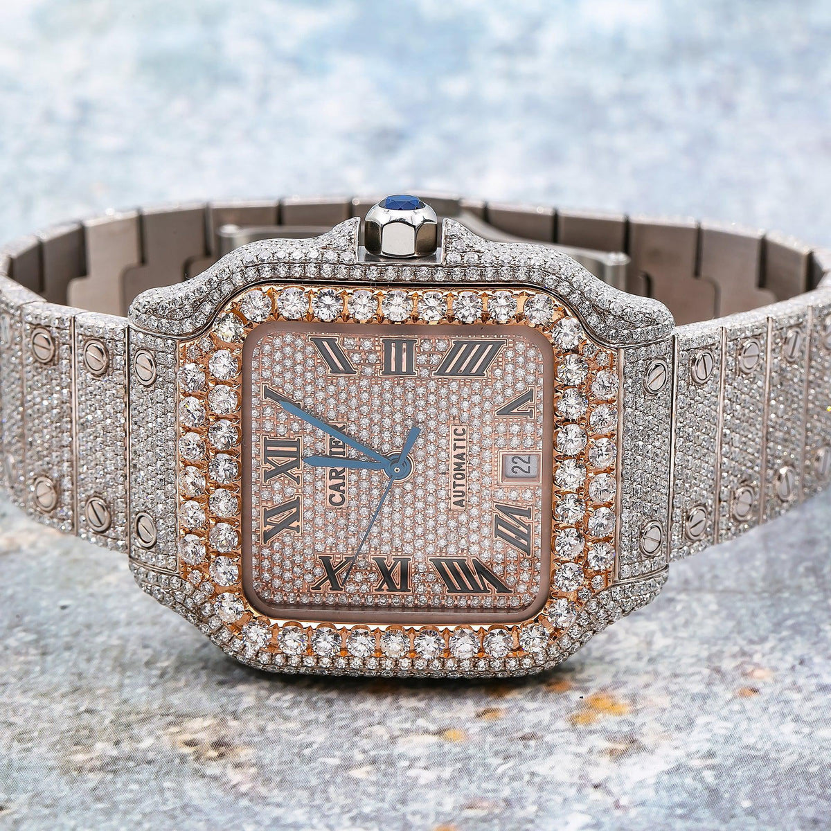 Pre-Owned Cartier Santos 39.8MM WSSA0018 Diamond Paved Rose Gold Roman Dial Rose Gold Diamond Bezel Stainless Steel Full Diamond Bracelet