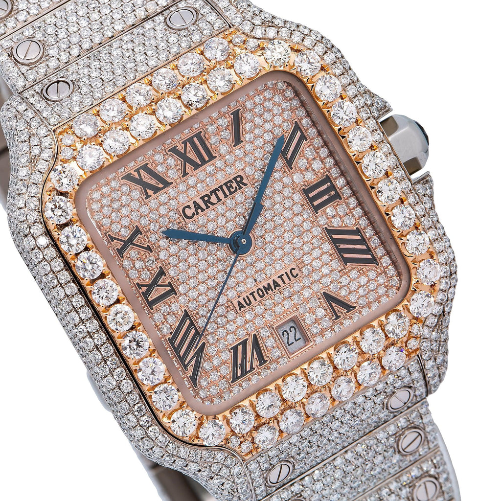 Pre-Owned Cartier Santos 39.8MM WSSA0018 Diamond Paved Rose Gold Roman Dial Rose Gold Diamond Bezel Stainless Steel Full Diamond Bracelet