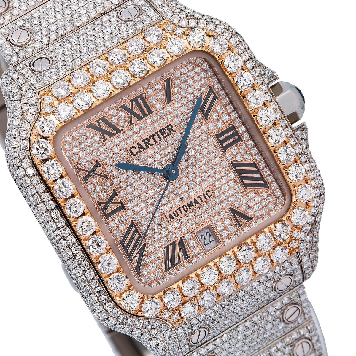Pre-Owned Cartier Santos 39.8MM WSSA0018 Diamond Paved Rose Gold Roman Dial Rose Gold Diamond Bezel Stainless Steel Full Diamond Bracelet