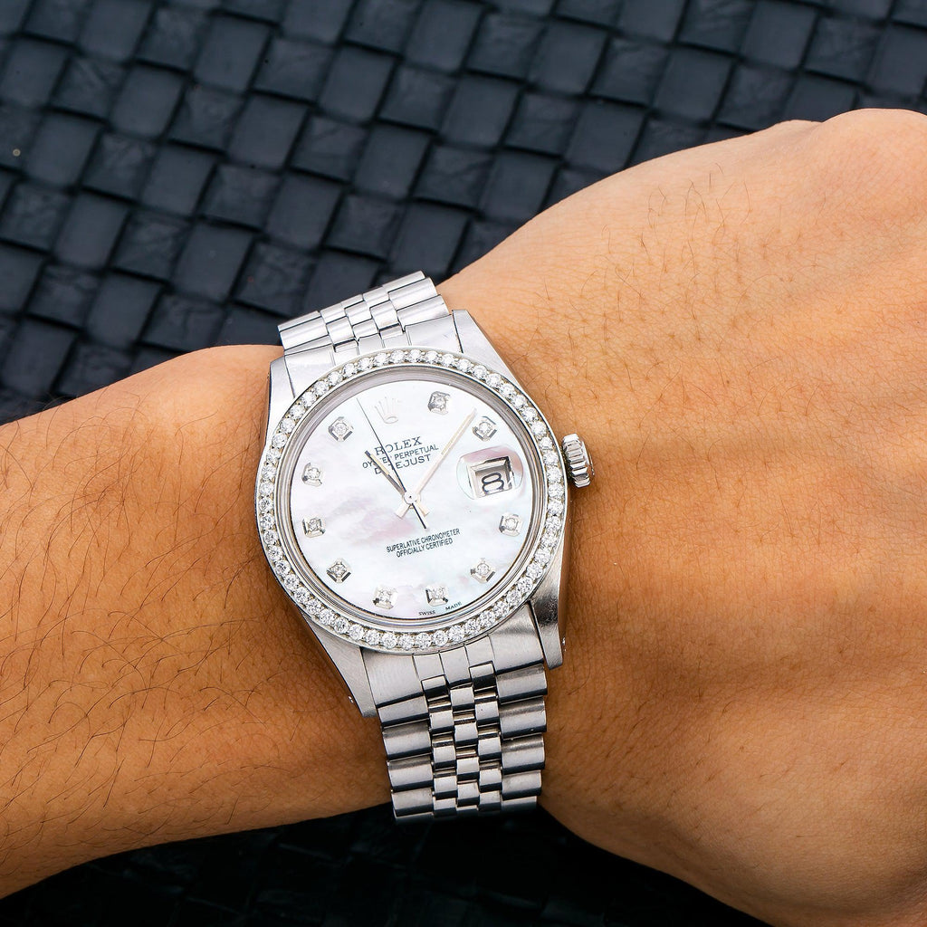 Pre-Owned Rolex Datejust 36MM 1601 White Mother of Pearl Diamond Dial Diamond Bezel Stainless Steel Jubilee Bracelet 1.1ct