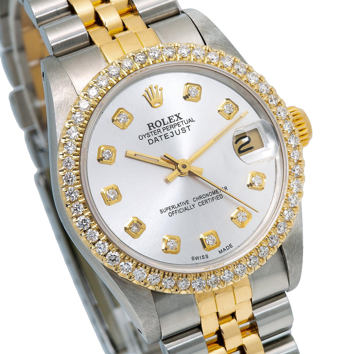 Pre-Owned Rolex Datejust 31MM 68273 Silver Diamond Dial Diamond Bezel Two Tone Yellow Gold Jubilee Bracelet