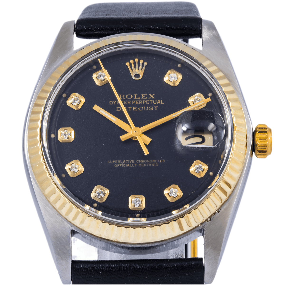 Pre-Owned Rolex Datejust 36MM 1601 Black Diamond Dial Fluted Bezel Black Leather Strap