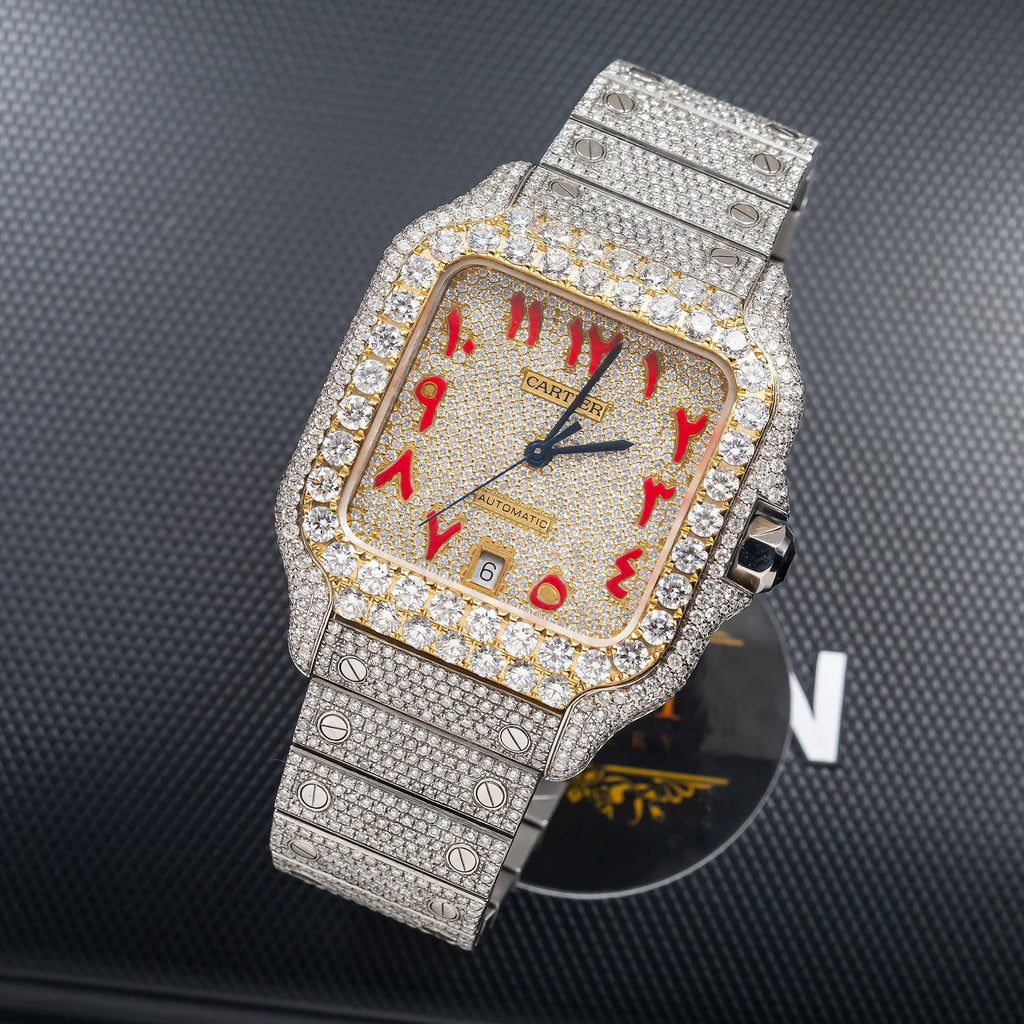 Pre-Owned Cartier Santos 39.8MM WSSA0030 Champagne Eastern Arabic Dial Yellow Gold Diamond Bezel Stainless Steel Full Diamond Bracelet 18.75ct