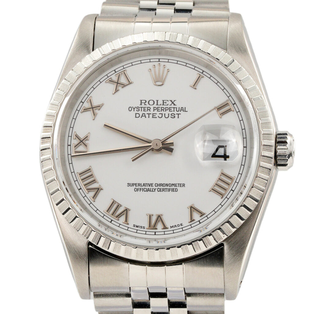 Pre-Owned Mens Rolex Stainless Steel Datejust Watch with White Roman Dial 16220