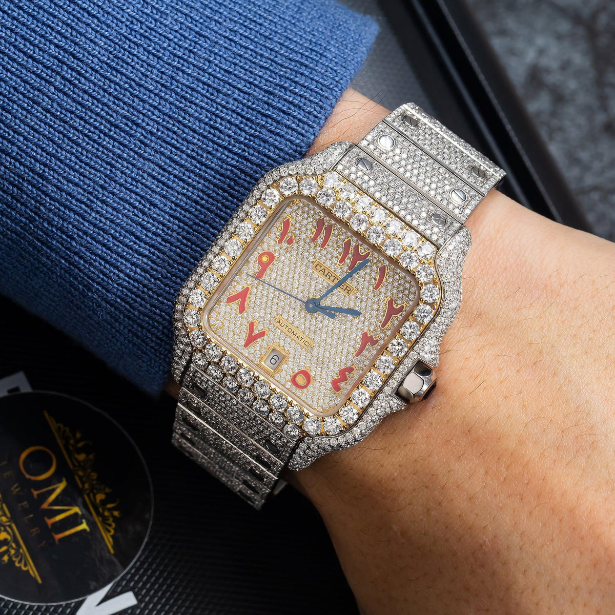 Pre-Owned Cartier Santos 39.8MM WSSA0030 Champagne Eastern Arabic Dial Yellow Gold Diamond Bezel Stainless Steel Full Diamond Bracelet 18.75ct
