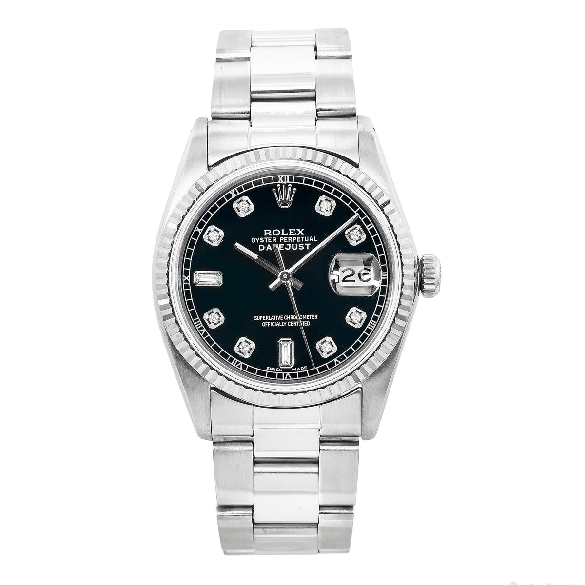 Pre-Owned Rolex Datejust 36MM 16234 Black Diamond Dial Fluted Bezel Stainless Steel Oyster Bracelet
