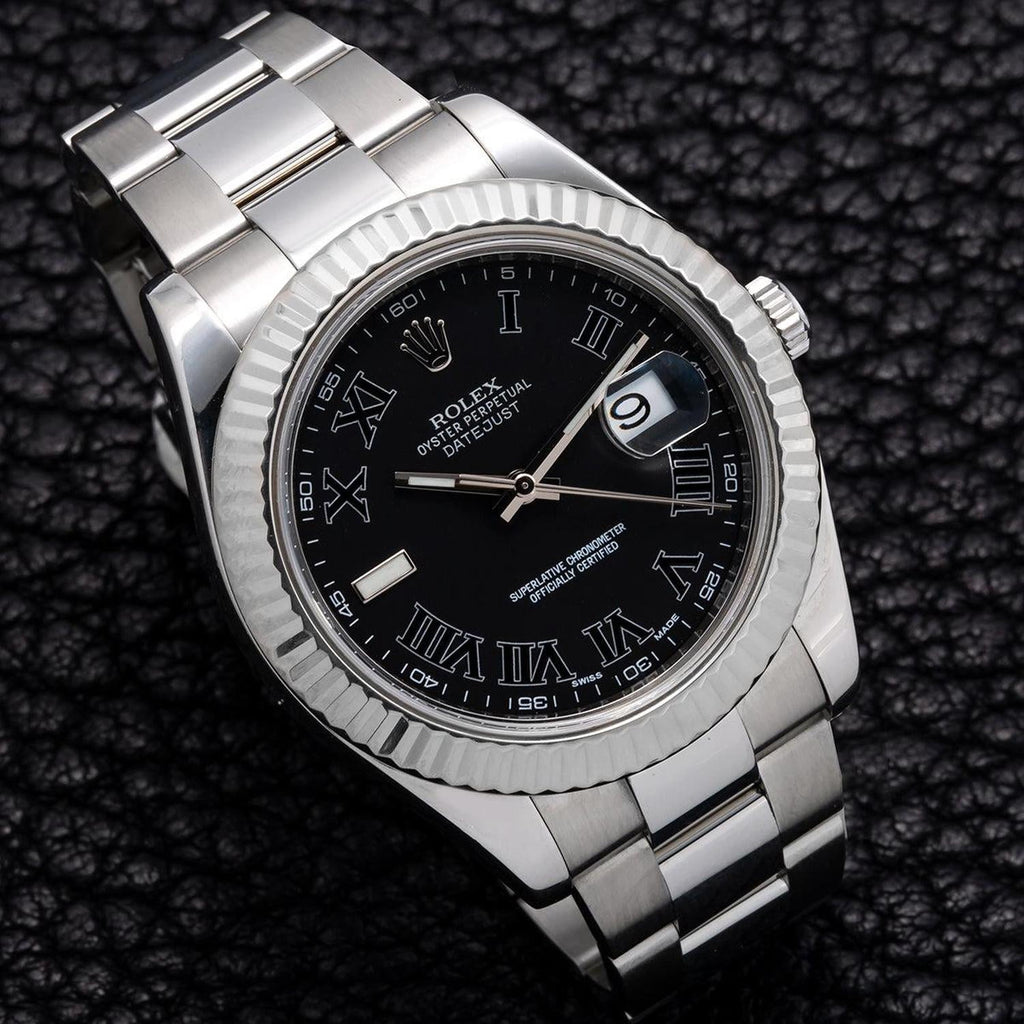 Pre-Owned Rolex Datejust 41MM 116334 Black Roman Dial Fluted Bezel Stainless Steel Oyster Bracelet