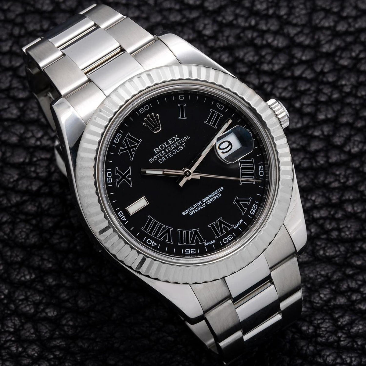 Pre-Owned Rolex Datejust 41MM 116334 Black Roman Dial Fluted Bezel Stainless Steel Oyster Bracelet