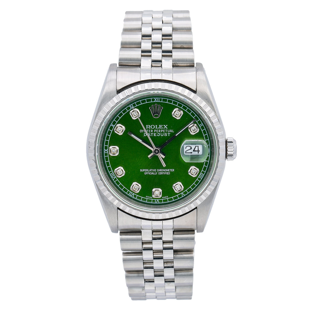 Pre-Owned Rolex Datejust 16220 36mm Green Diamond Dial Stainless Steel Jubilee Bracelet Watch