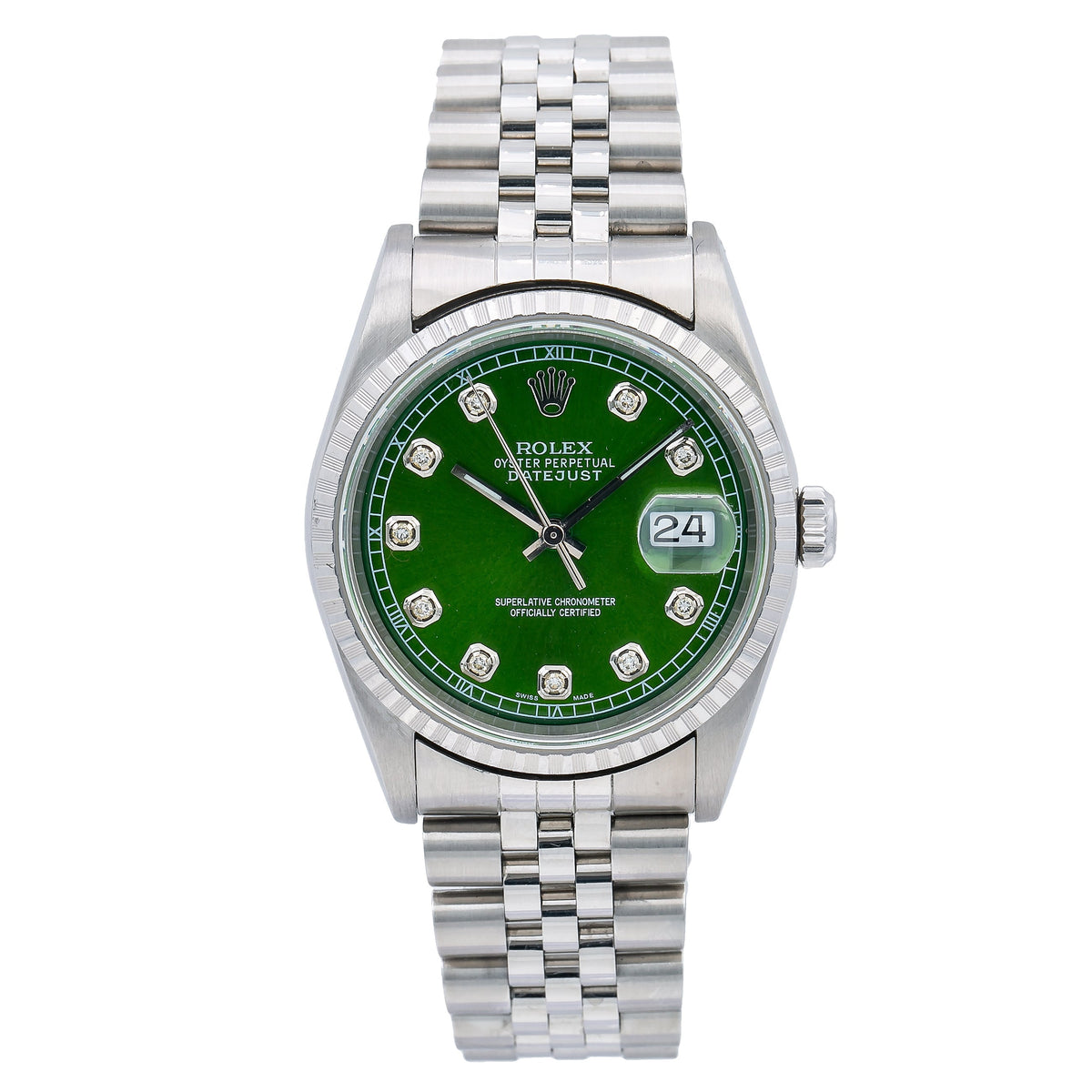 Pre-Owned Rolex Datejust 16220 36mm Green Diamond Dial Stainless Steel Jubilee Bracelet Watch