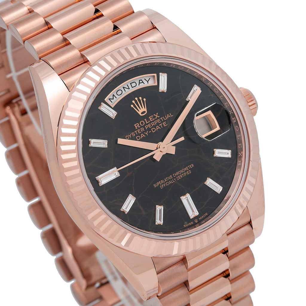 Pre-Owned Rolex Day-Date 40MM 228235 Black Baguette Diamond Dial Fluted Bezel 18K Rose Gold President Bracelet