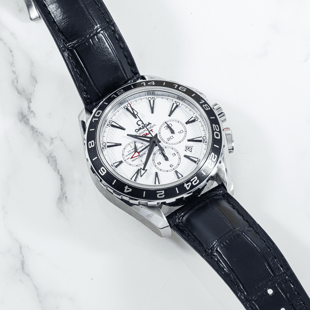 Pre-Owned Omega Seamaster Planet Ocean 600M Chronograph 44mm White Dial Black Leather Strap Watch