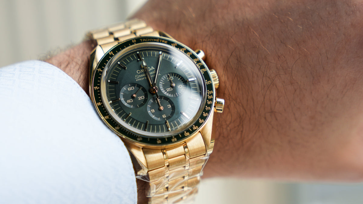 Pre-Owned Omega Speedmaster Moonwatch Professional - 42mm Green Dial in 18K Moonshineâ„¢ Gold