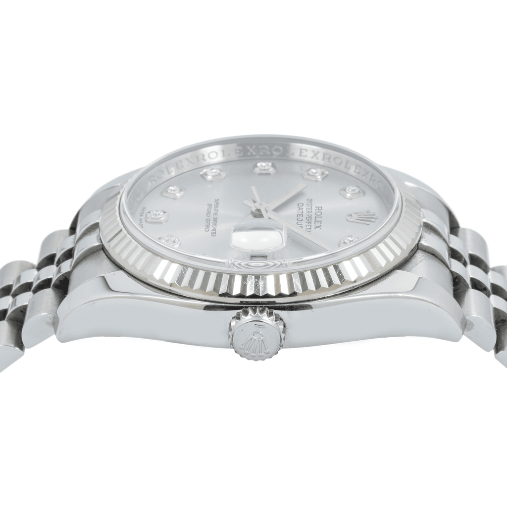 Pre-Owned Rolex Datejust 36MM 116234 Silver Diamond Dial Fluted Bezel Stainless Steel Jubilee Bracelet