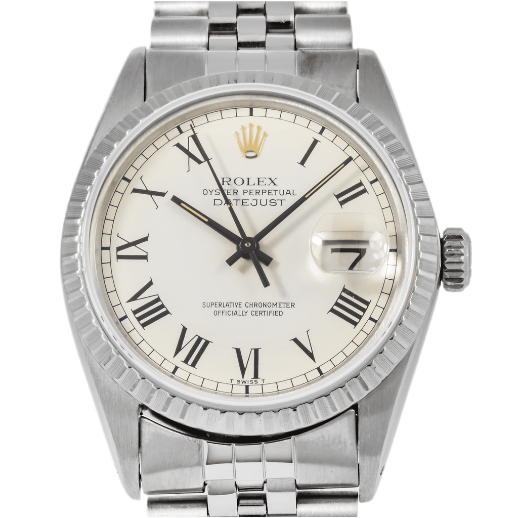 Pre-Owned Rolex Datejust 36MM 1603 White Roman Dial Engine Turned Bezel Stainless Steel Jubilee Bracelet