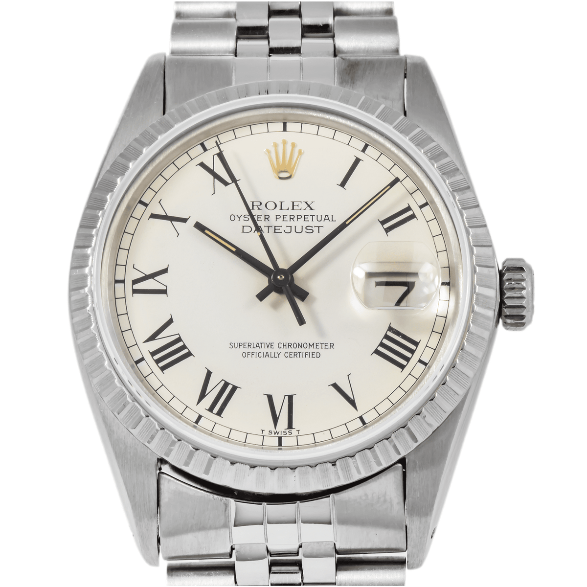 Pre-Owned Rolex Datejust 36MM 1603 White Roman Dial Engine Turned Bezel Stainless Steel Jubilee Bracelet