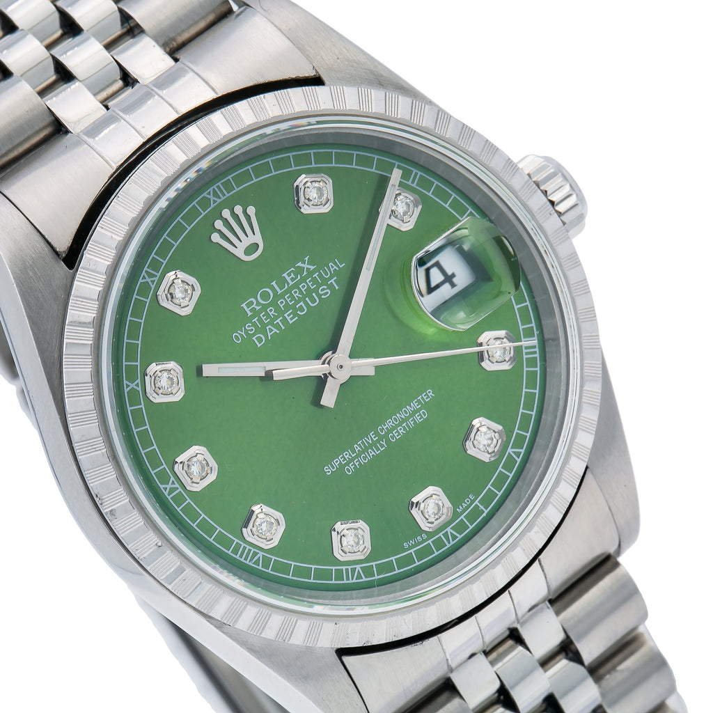 Pre-Owned Rolex Datejust 16220 36mm Green Diamond Dial Stainless Steel Jubilee Bracelet Watch