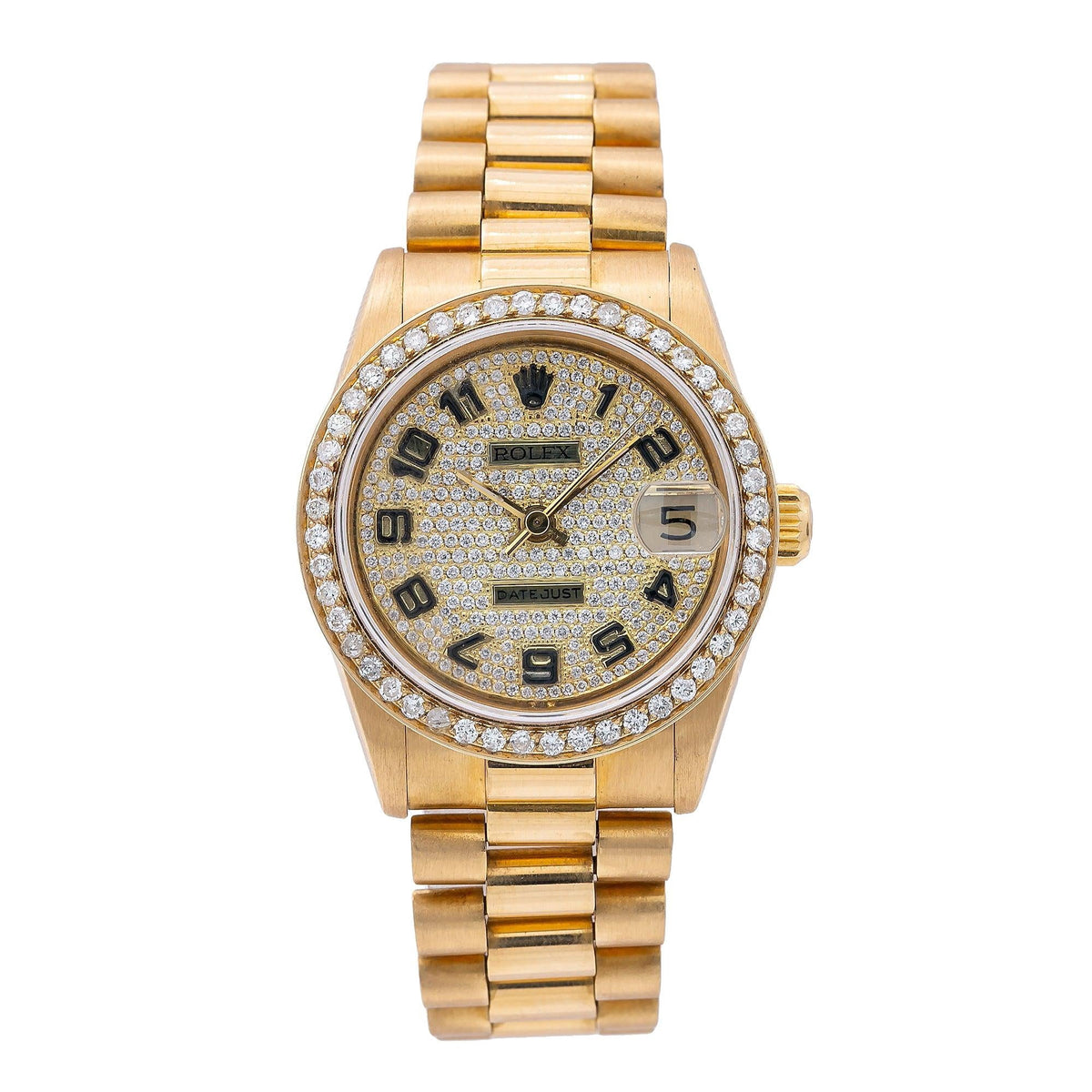 Pre-Owned Rolex Datejust 31MM 68278 Diamond Paved Arabic Dial Diamond Bezel 18K Yellow Gold President Bracelet 2.5ct