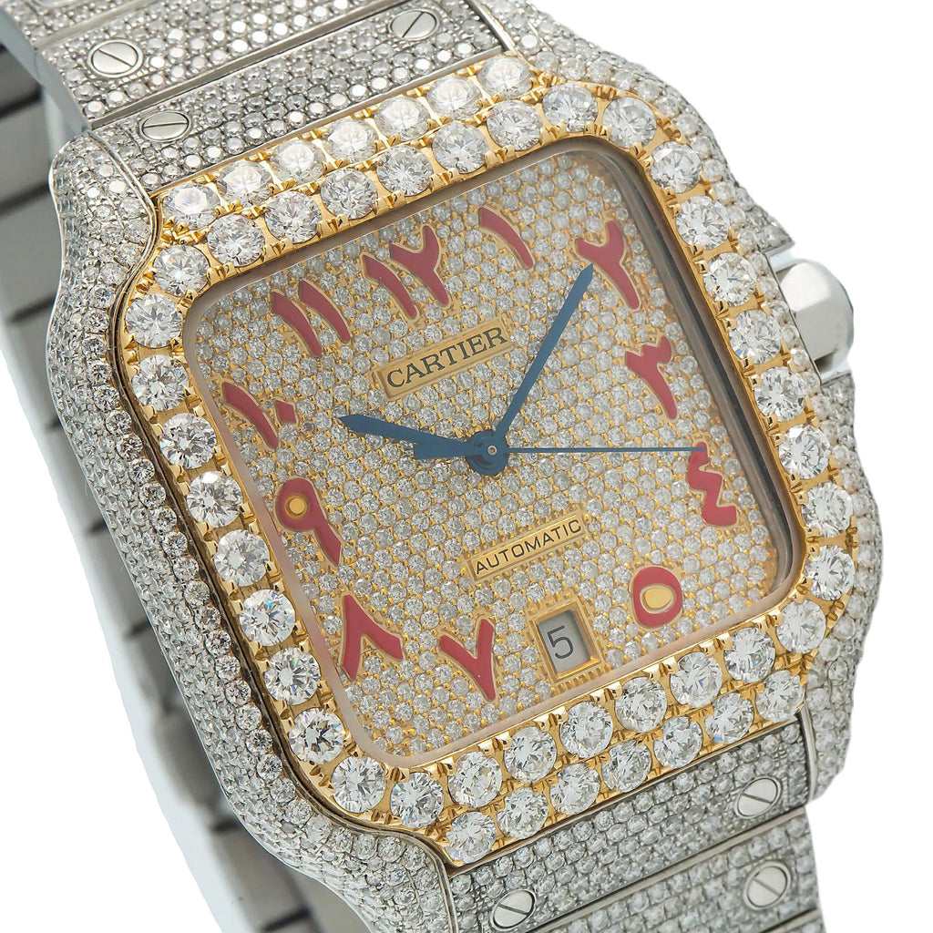 Pre-Owned Cartier Santos 39.8MM WSSA0030 Champagne Eastern Arabic Dial Yellow Gold Diamond Bezel Stainless Steel Full Diamond Bracelet 18.75ct