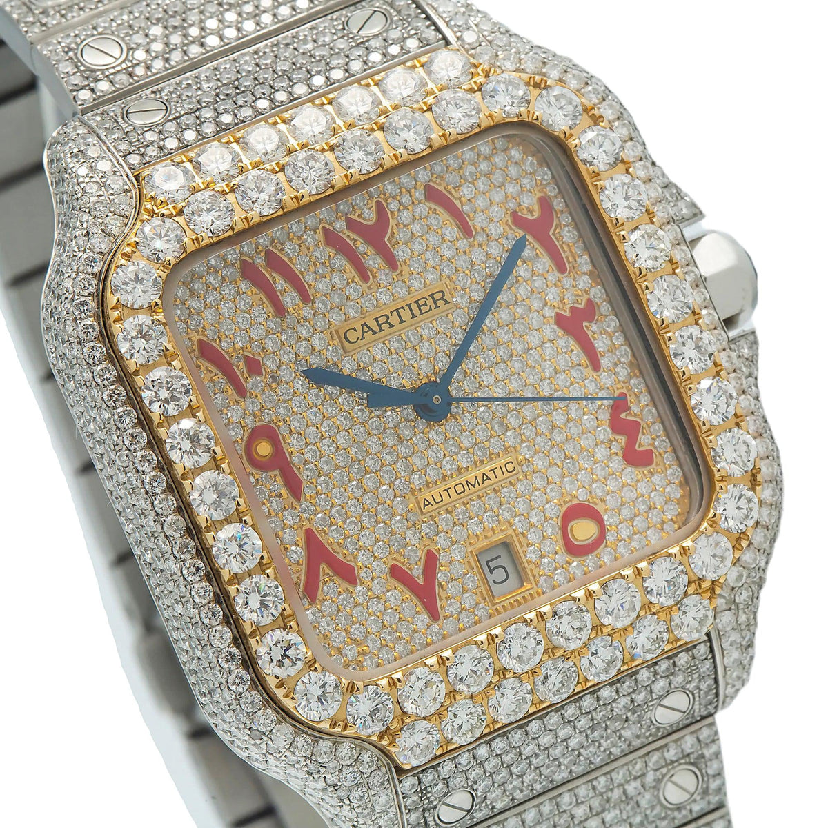 Pre-Owned Cartier Santos 39.8MM WSSA0030 Champagne Eastern Arabic Dial Yellow Gold Diamond Bezel Stainless Steel Full Diamond Bracelet 18.75ct