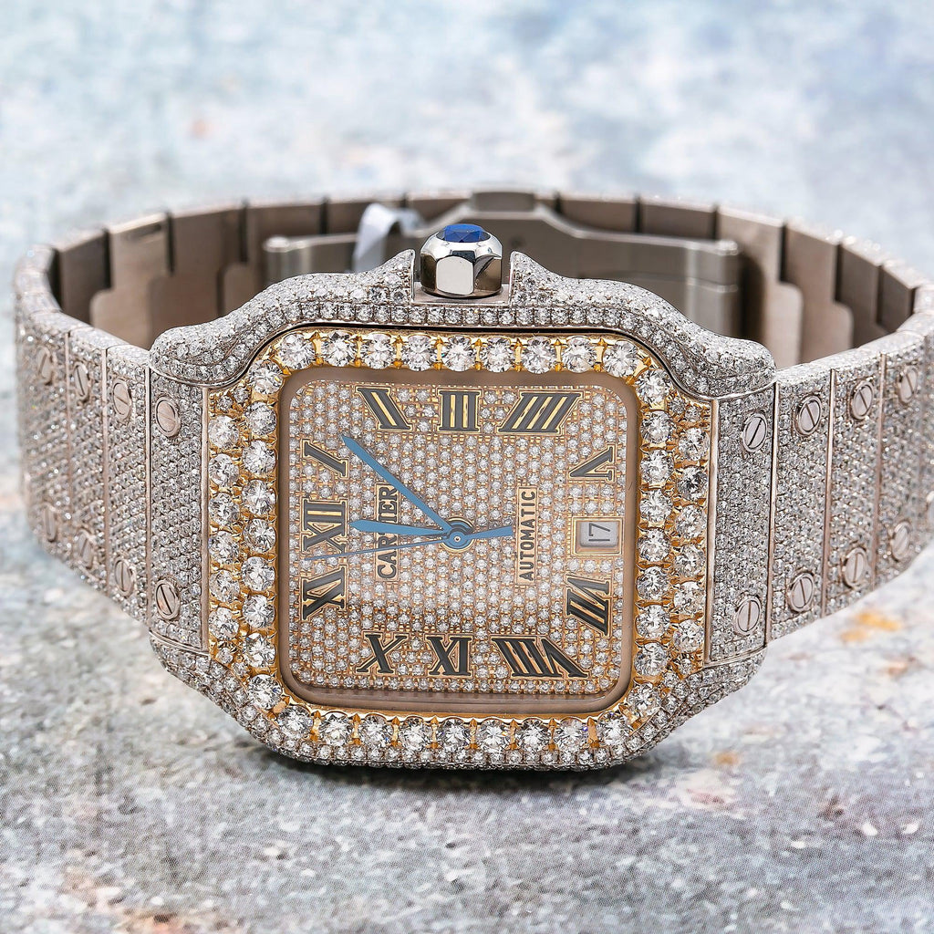 Pre-Owned Cartier Santos 39.8MM WSSA0018 Diamond Paved Champagne Roman Dial Yellow Gold Diamond Bezel Stainless Steel Full Diamond Bracelet 19.25ct