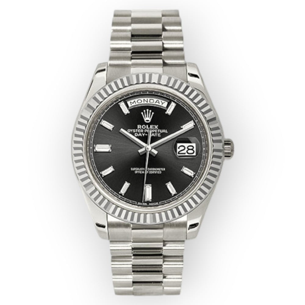 Pre-Owned Rolex White Gold Day-Date 40 Watch Black Baguette Diamond Dial - President Bracelet