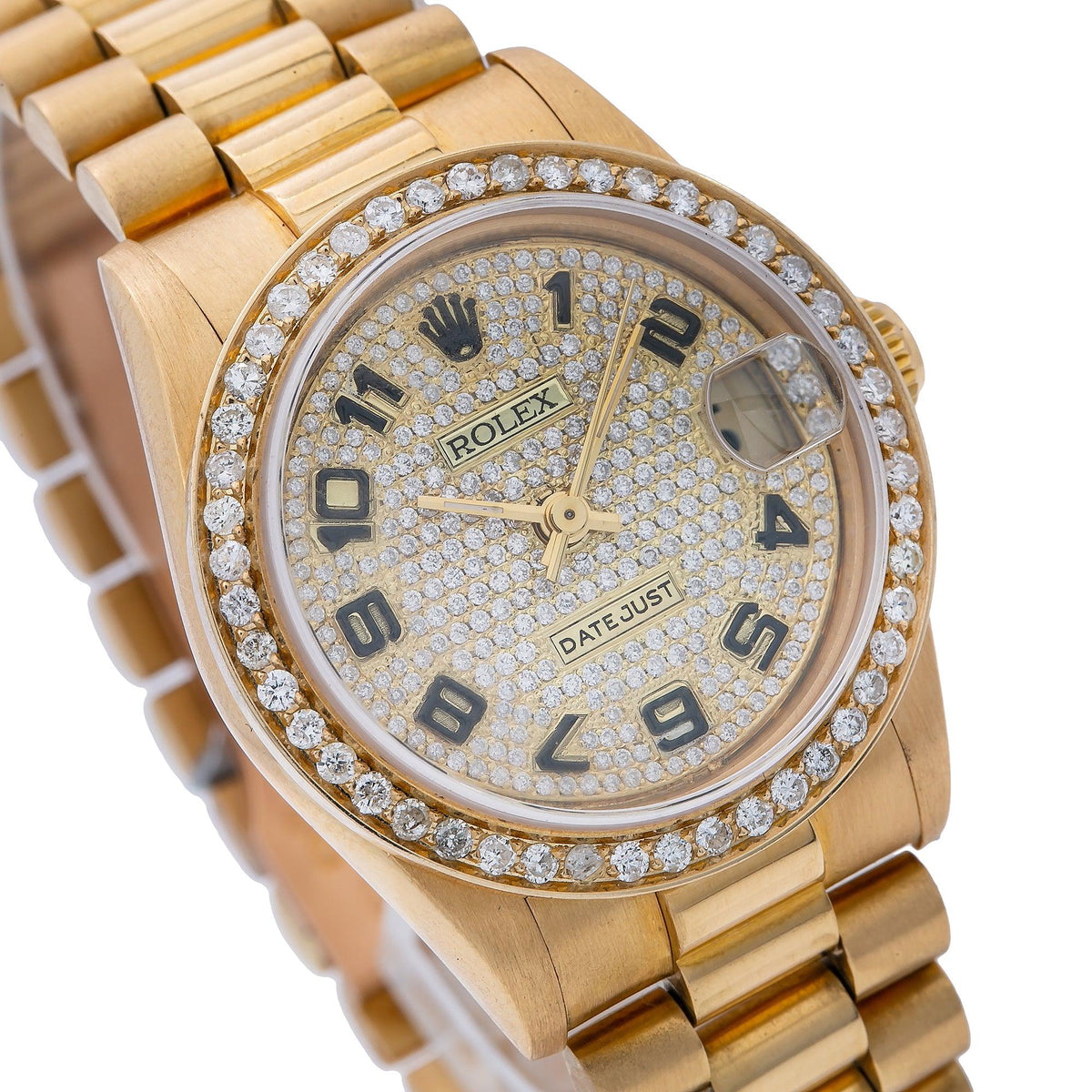 Pre-Owned Rolex Datejust 31MM 68278 Diamond Paved Arabic Dial Diamond Bezel 18K Yellow Gold President Bracelet 2.5ct