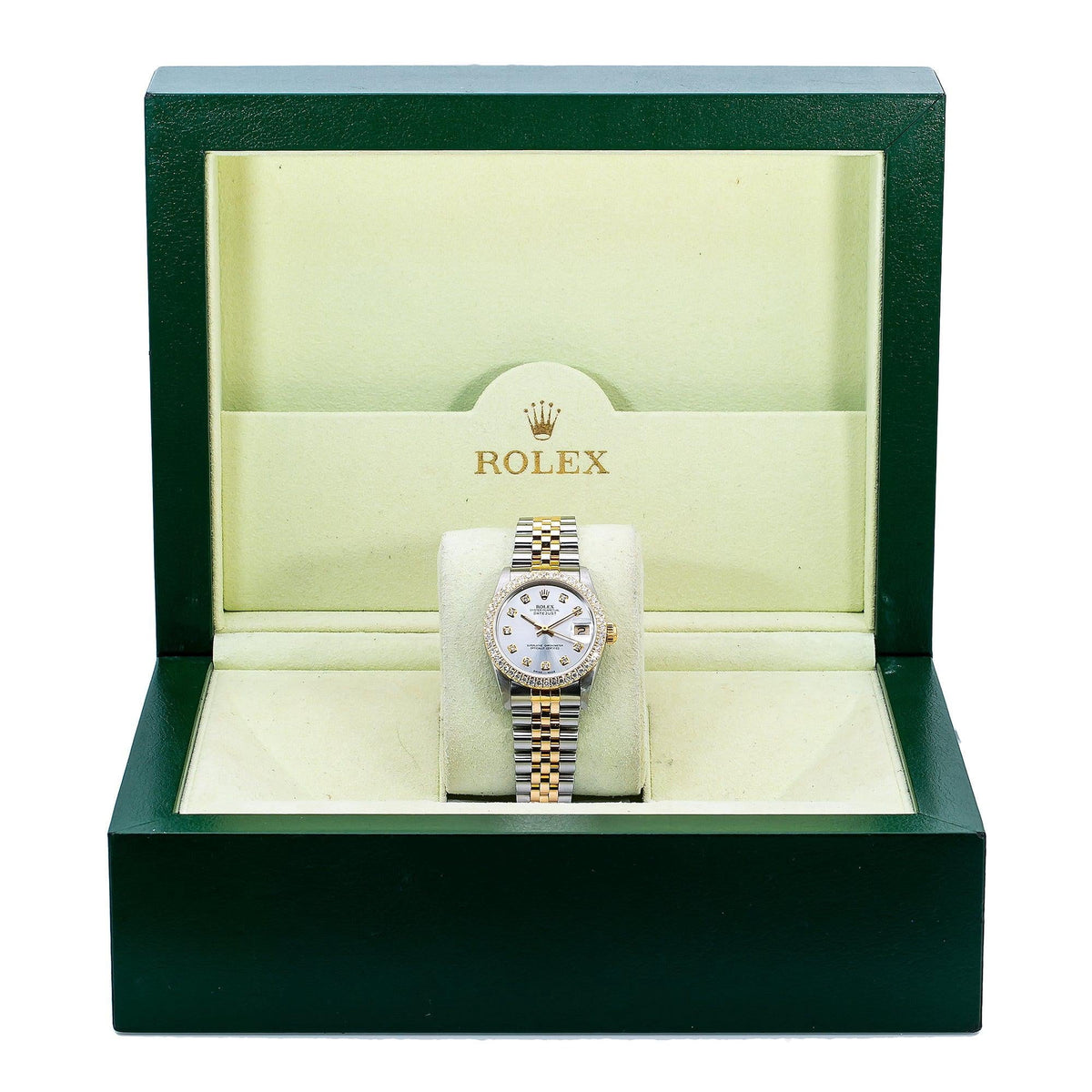 Pre-Owned Rolex Datejust 31MM 68273 Silver Diamond Dial Diamond Bezel Two Tone Yellow Gold Jubilee Bracelet
