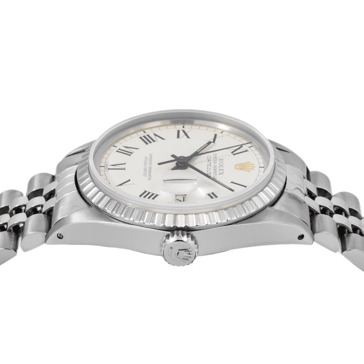 Pre-Owned Rolex Datejust 36MM 1603 White Roman Dial Engine Turned Bezel Stainless Steel Jubilee Bracelet