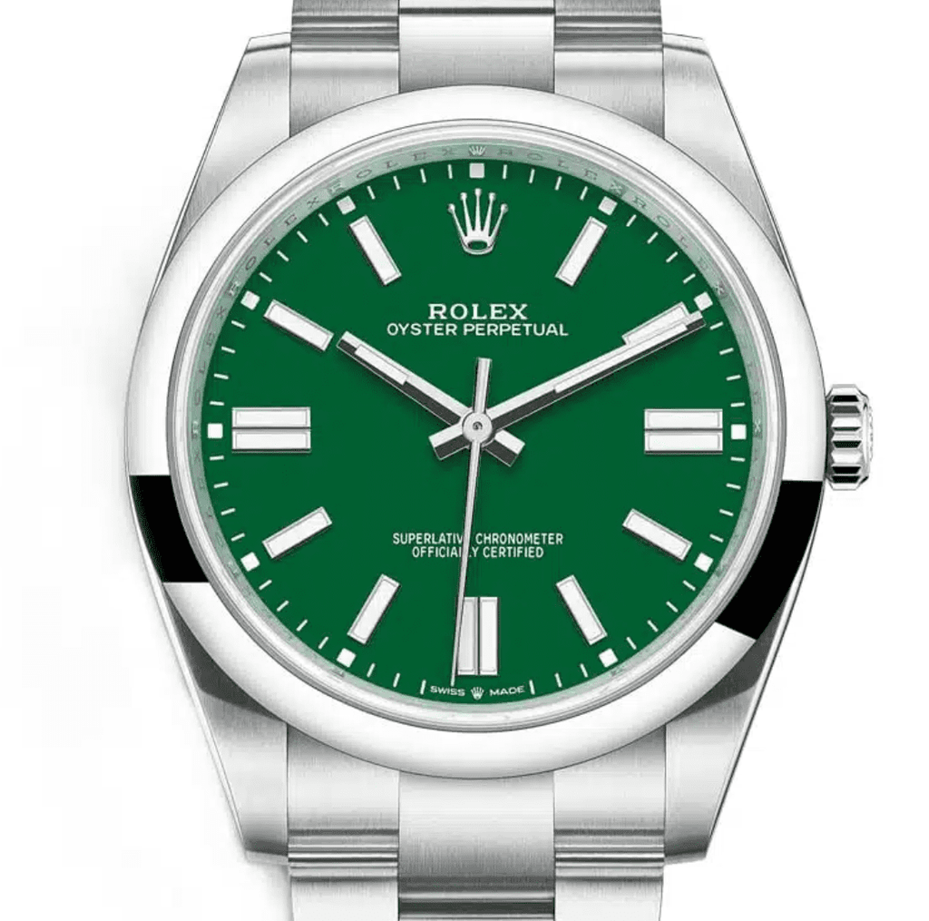 Pre-Owned Rolex Oyster Perpetual 124300-0005 â€“ Green Dial with Smooth Bezel and Stainless Steel Oyster Bracelet