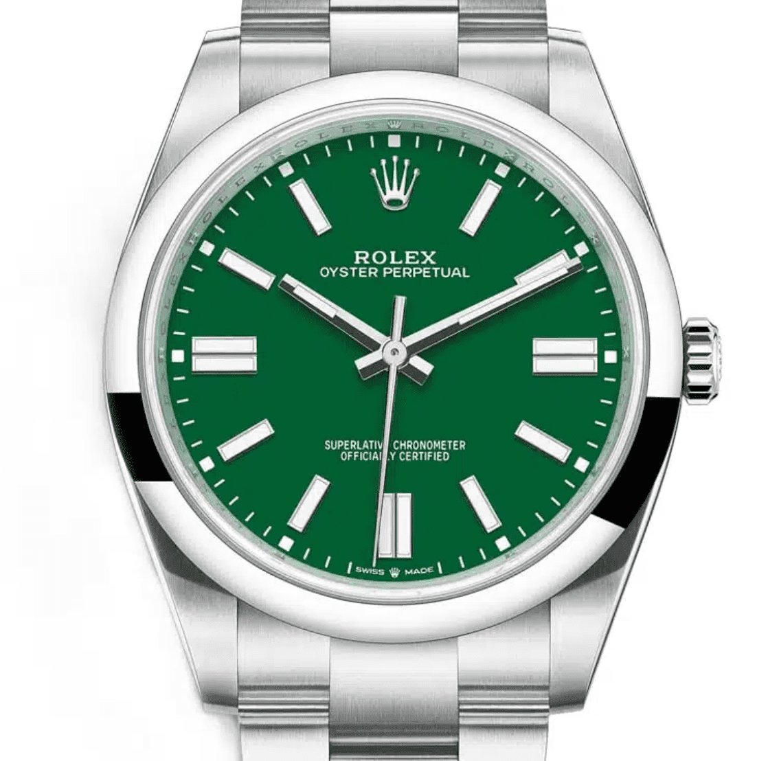 Pre-Owned Rolex Oyster Perpetual 124300-0005 â€“ Green Dial with Smooth Bezel and Stainless Steel Oyster Bracelet