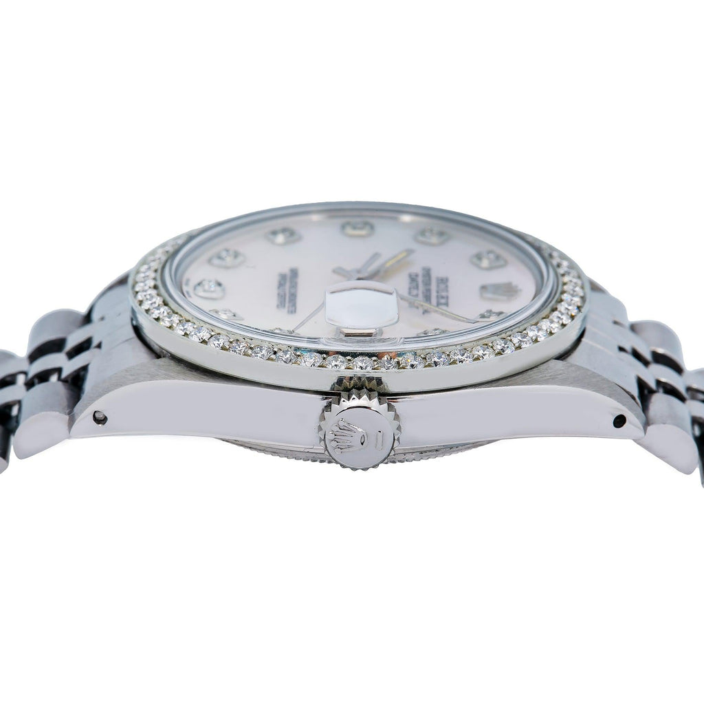 Pre-Owned Rolex Datejust 36MM 1601 White Mother of Pearl Diamond Dial Diamond Bezel Stainless Steel Jubilee Bracelet 1.1ct