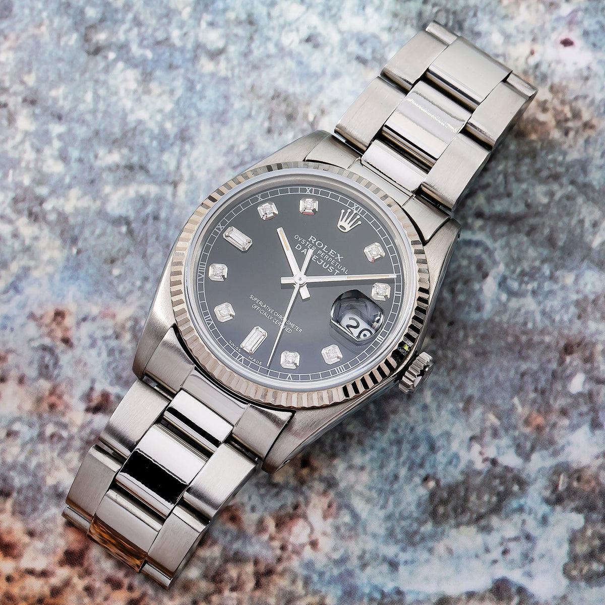 Pre-Owned Rolex Datejust 36MM 16234 Black Diamond Dial Fluted Bezel Stainless Steel Oyster Bracelet