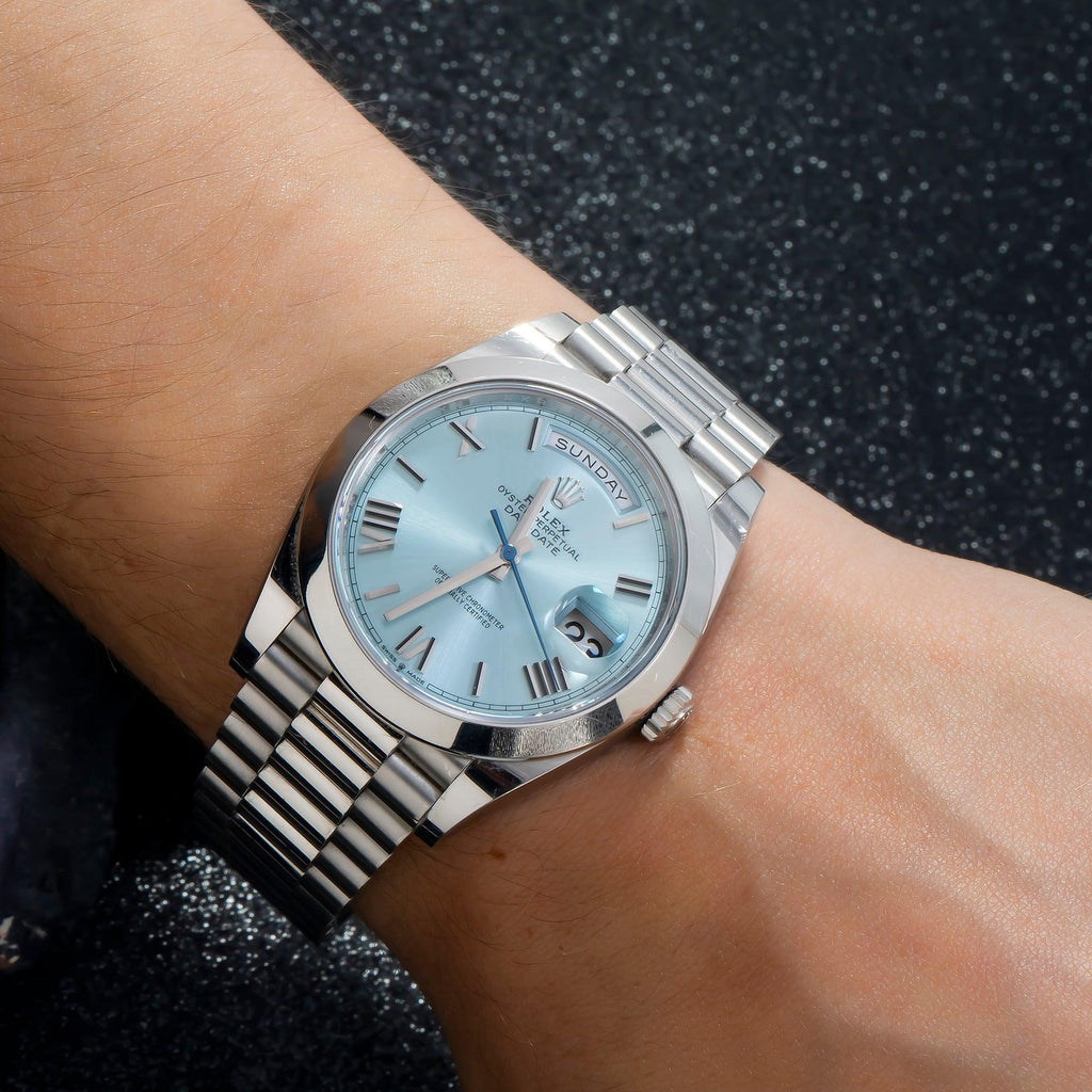 Pre-Owned Rolex Day-Date 40MM 228206 Ice Blue Roman Dial Platinum Smooth Bezel Platinum President Bracelet