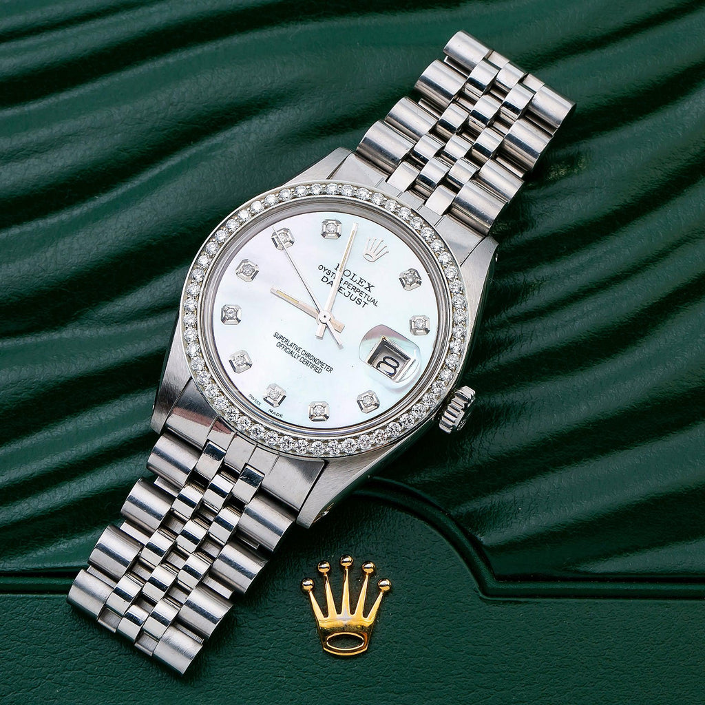 Pre-Owned Rolex Datejust 36MM 1601 White Mother of Pearl Diamond Dial Diamond Bezel Stainless Steel Jubilee Bracelet 1.1ct