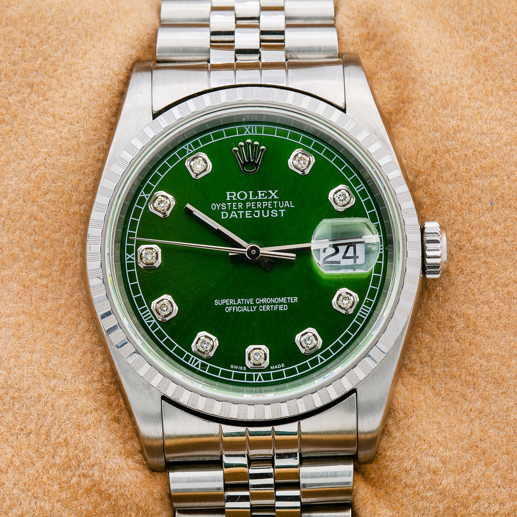 Pre-Owned Rolex Datejust 16220 36mm Green Diamond Dial Stainless Steel Jubilee Bracelet Watch