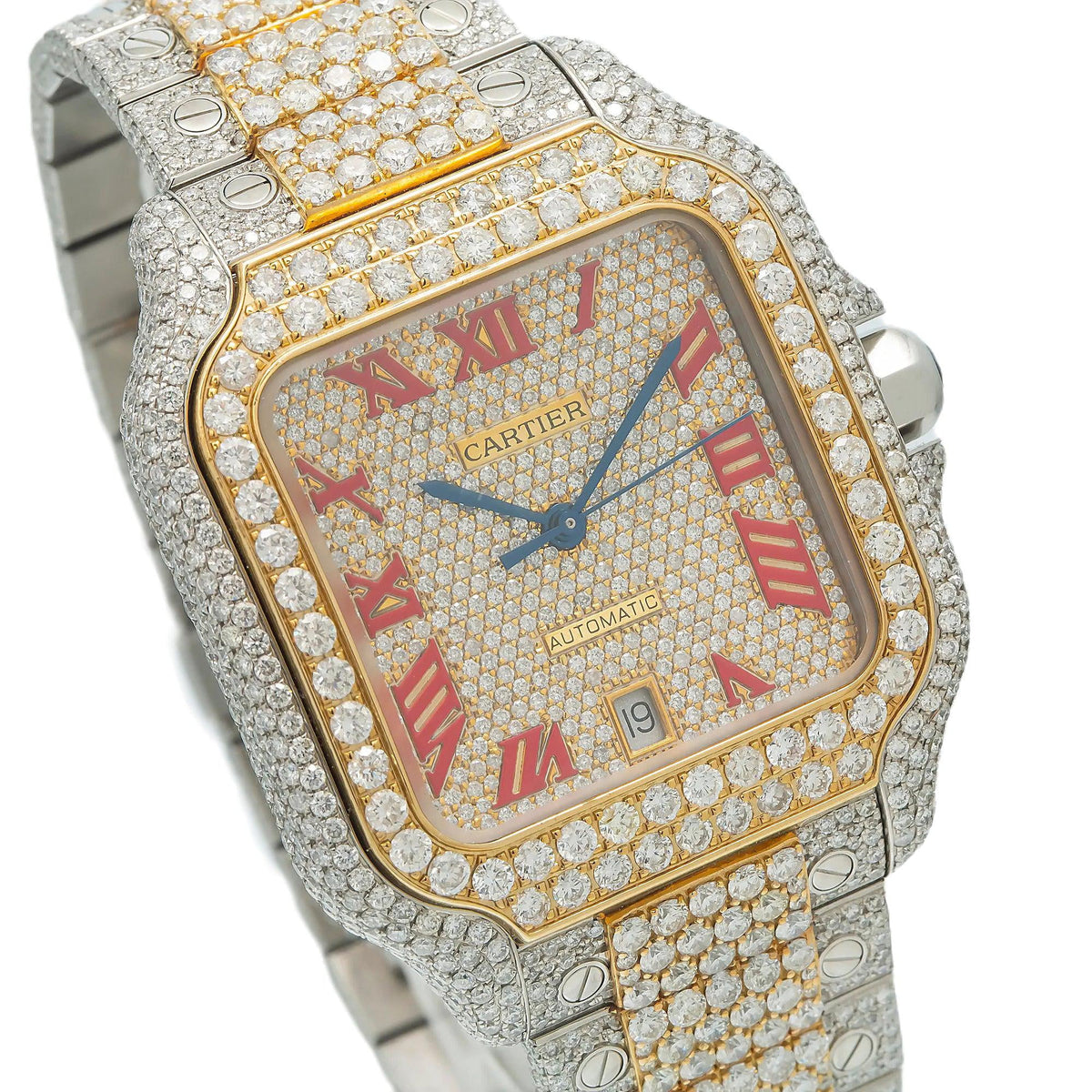 Pre-Owned Cartier Santos 39.8MM WSSA0018 Diamond Paved Champagne Roman Dial Yellow Gold Diamond Bezel Two Tone Yellow Gold Full Diamond Bracelet 18.75ct
