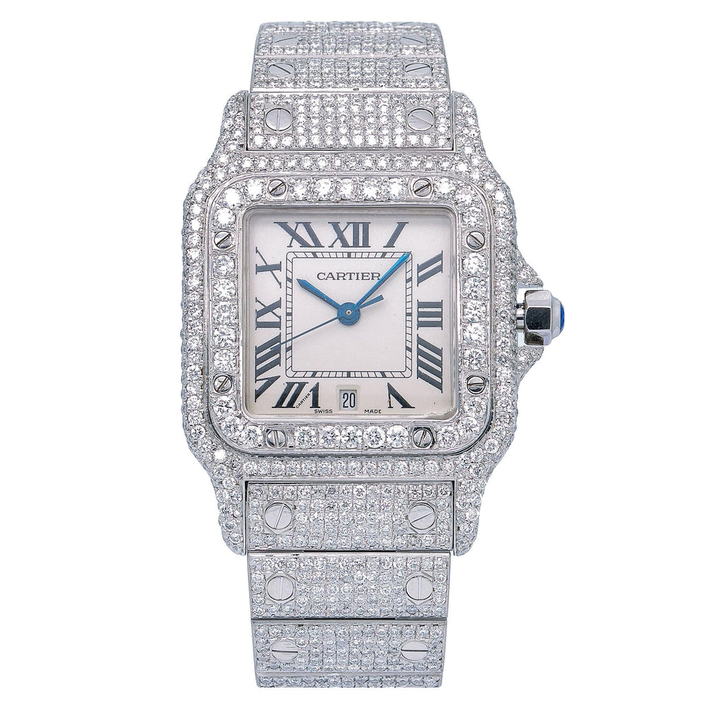Pre-Owned Cartier Santos Galbée 29MM 1564 Silver Roman Dial Diamond Bezel Stainless Steel Full Diamond Bracelet