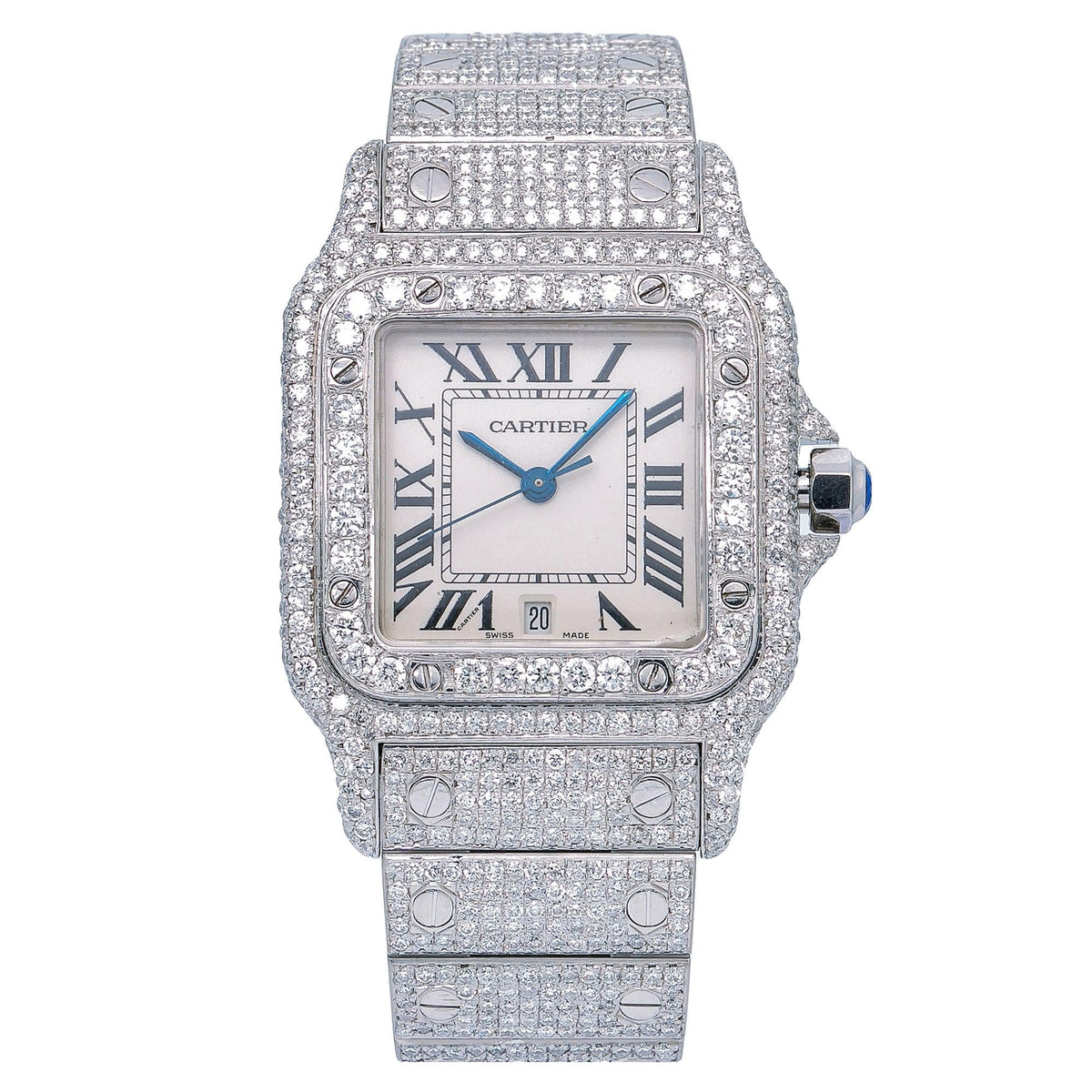 Pre-Owned Cartier Santos Galbée 29MM 1564 Silver Roman Dial Diamond Bezel Stainless Steel Full Diamond Bracelet