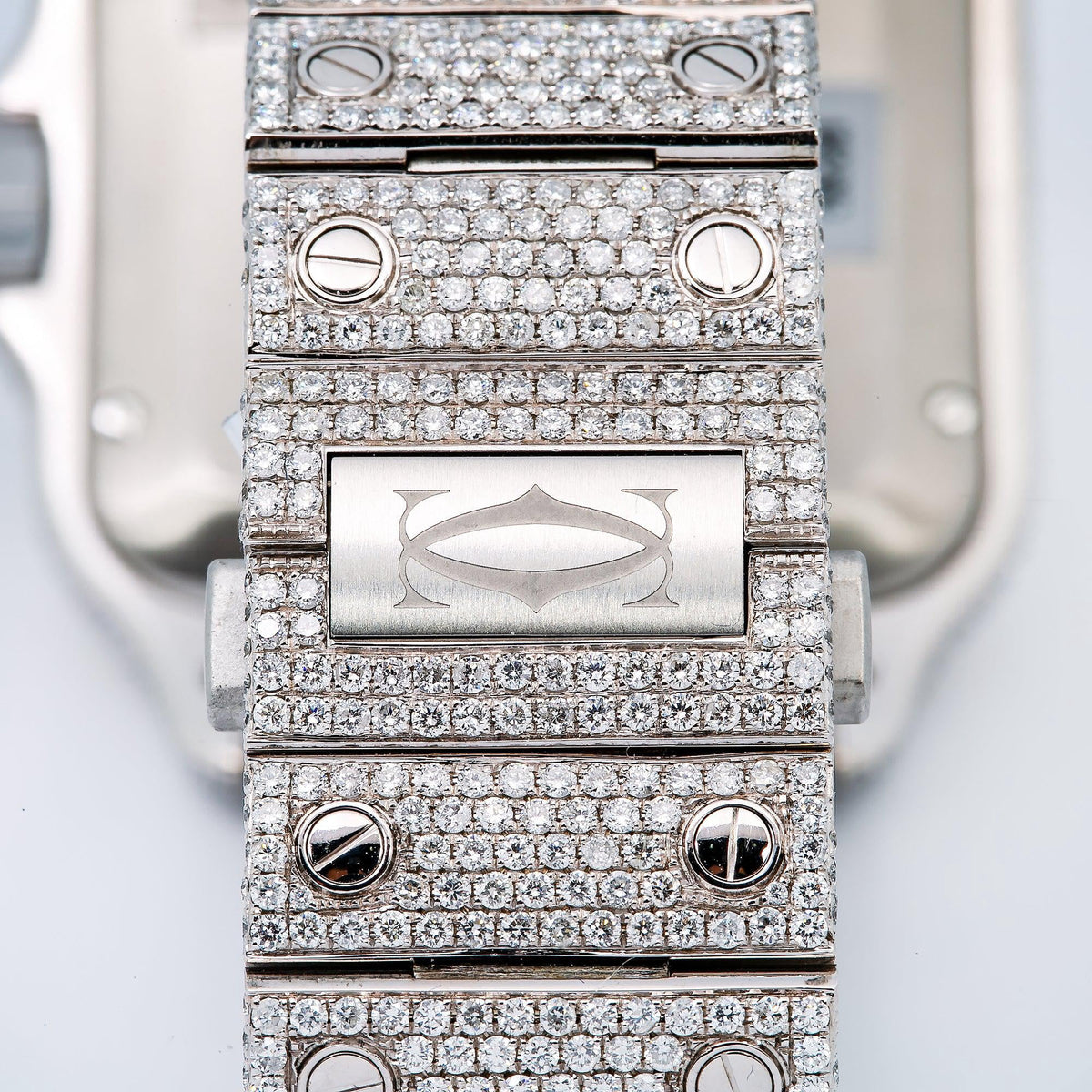 Pre-Owned Cartier Santos 39.8MM WSSA0018 Diamond Paved Champagne Roman Dial Yellow Gold Diamond Bezel Stainless Steel Full Diamond Bracelet 19.25ct