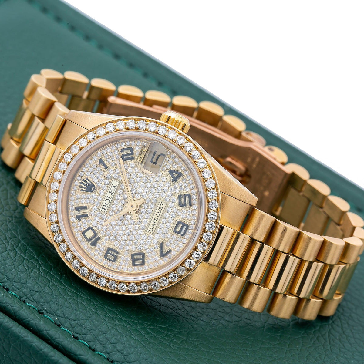 Pre-Owned Rolex Datejust 31MM 68278 Diamond Paved Arabic Dial Diamond Bezel 18K Yellow Gold President Bracelet 2.5ct