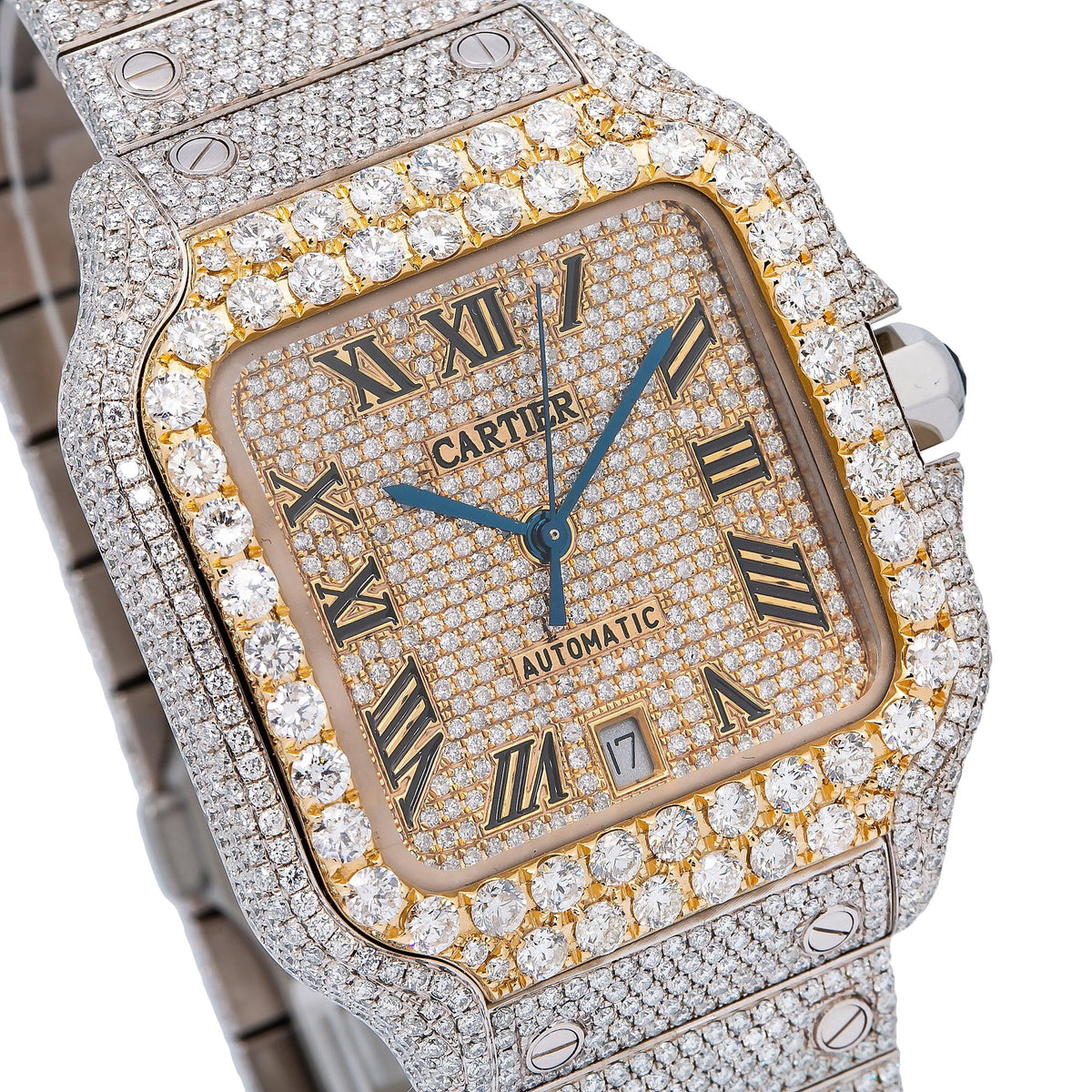 Pre-Owned Cartier Santos 39.8MM WSSA0018 Diamond Paved Champagne Roman Dial Yellow Gold Diamond Bezel Stainless Steel Full Diamond Bracelet 19.25ct