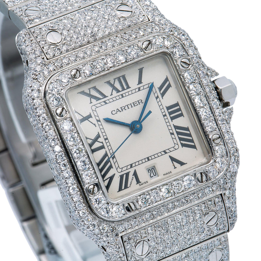 Pre-Owned Cartier Santos Galbée 29MM 1564 Silver Roman Dial Diamond Bezel Stainless Steel Full Diamond Bracelet